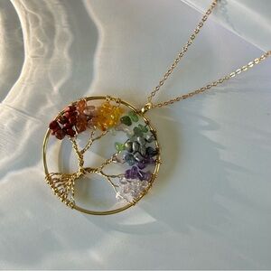 Gold-tone Natural stone chip Rainbow Tree of Life Pendant Necklace